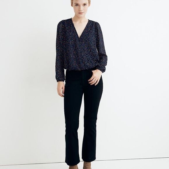 Madewell Lyric Wrap Surplice Neck Dot Long‎ Sleeve Top Blue Multi Size S EGUC - Picture 2 of 16